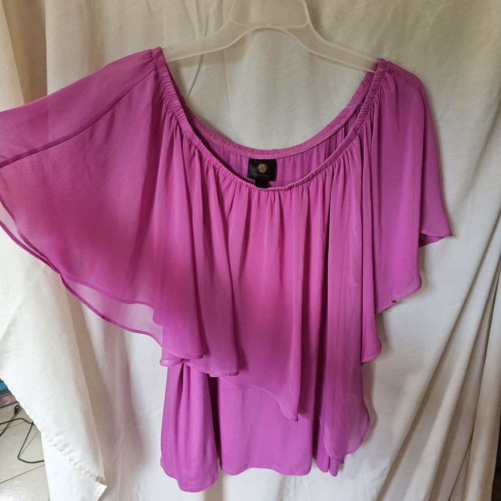 JM Collection Pink Ruffled Asymmetrical Blouse - Picture 2 of 5